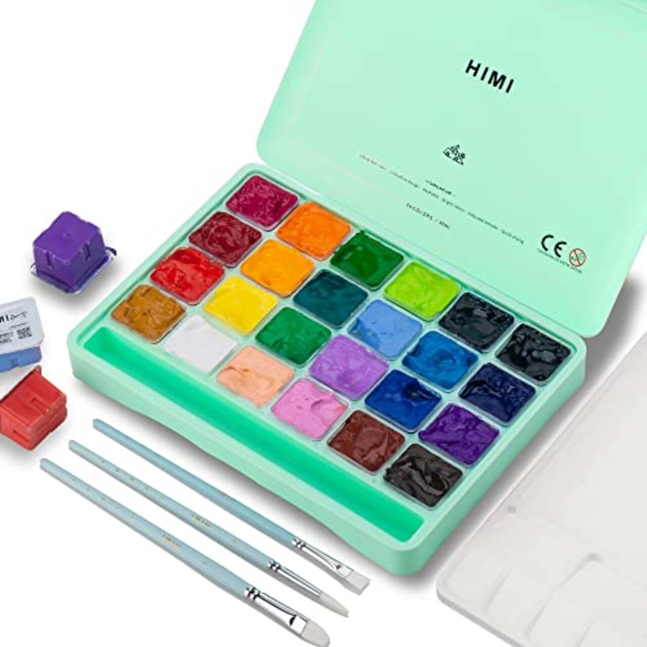 HIMI Gouache Paint Set, 24 Colors x 30ml/1oz with 3 Brushes & a